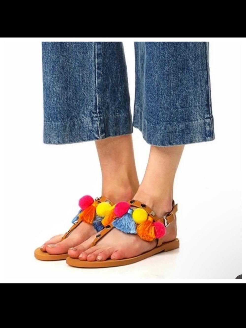 Rebecca Minkoff Estelle Pom Pom Tassel T Strap Slide Flat Buckle Sandal Sz 9 EUC